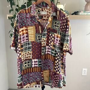 Mario Ferrari Vintage Rayon Shirt L Geometric Abstract Retro Bold Unique Artsy